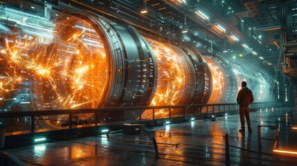 Futuristic sci-fi scene of a person observing a large, glowing reactor in a high-tech, industrial setting, evoking advanced technology and innovation.