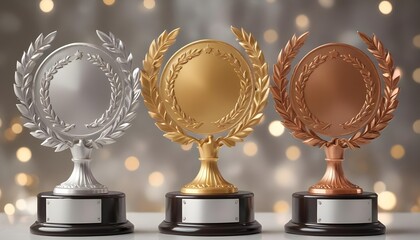 Three gold, silver, and bronze trophy awards with laurel wreaths, on a bokeh background