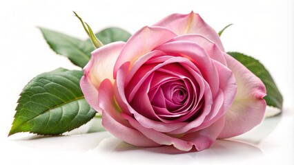 Delicate, velvety petals of a solitary pink rose bloom against a pristine white background, exuding elegance and subtle sweetness.