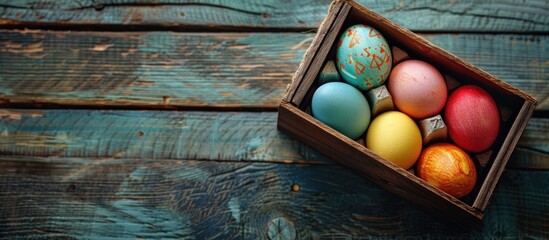 Colorful Easter eggs in a box with a wooden background Copy space image available