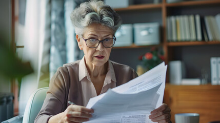 Focused middle aged businesswoman manager employee entrepreneur reading paper documents, analyzing financial report, reviewing economic data, considering problem solution alone at modern home office.
