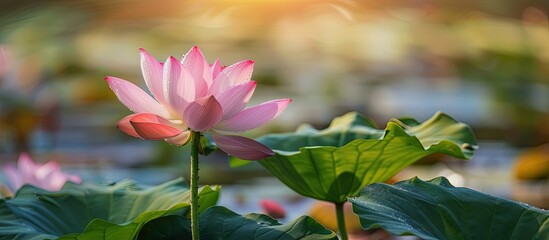 The Lotus flower with long stem and lush petals known for its beauty typically grows in serene settings like ponds creating a serene and peaceful ambiance ideal for photographs with copy space image