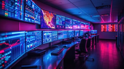 Modern control room with multiple digital screens displaying data and analytics, illuminated in vibrant neon blue and pink lights.