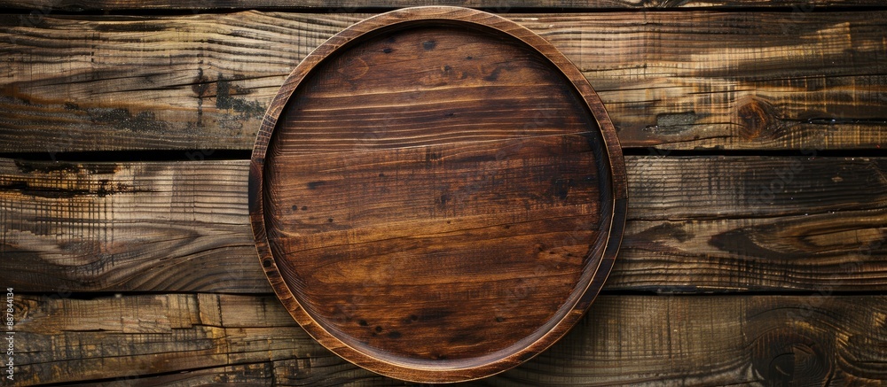 Poster Top view of a round wooden plate or tray set against a rustic wooden backdrop with sufficient vacant space for text or images forming a copy space image