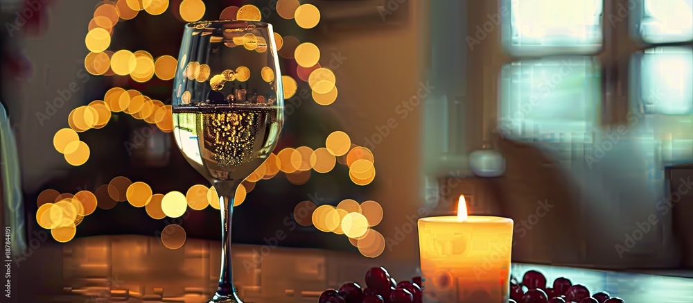 Poster A festive scene featuring a crystal wine glass with white wine a flickering candle and a Christmas tree in the background perfect for a copy space image
