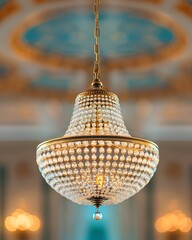 Obraz premium A dazzling art deco chandelier becomes the centerpiece of a grand ballroom The chandeliers exquisite design features geometric crystals