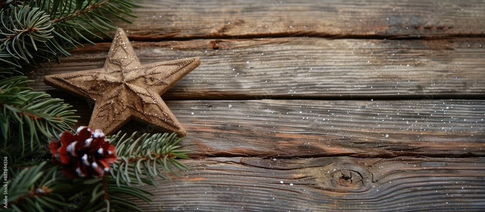 Poster wooden background featuring a festive christmas card adorned with a decorative star fir branches and
