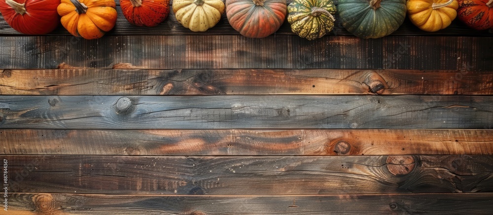 Leinwandbilder top view of a rustic wooden table adorned with different decorative pumpkins creating an autumnal co