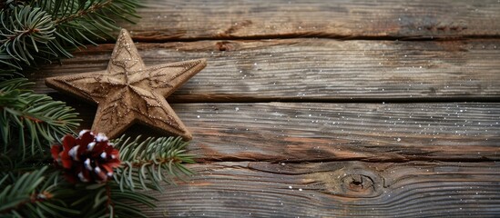 Fototapeta premium Wooden background featuring a festive Christmas card adorned with a decorative star fir branches and ample copy space image