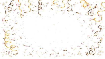 A luxurious gold with sequins and confetti. Festive PNG background with golden garland, stars and confetti for celebration background with glowing golden particles.