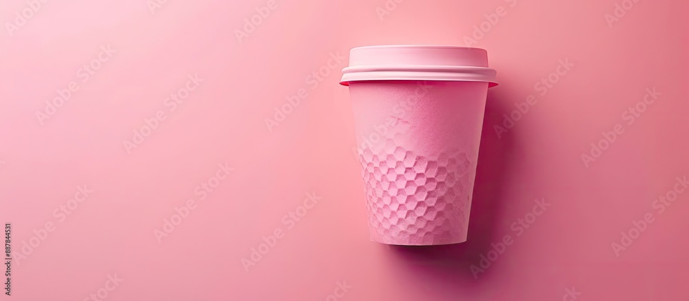 Poster a pink paper coffee cup on a pastel background with copy space symbolizing a morning wake up concept