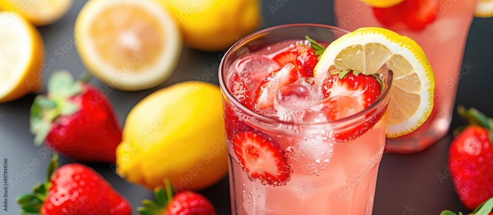 Poster A refreshing strawberry and lemon beverage with room for text or details in the image. with copy space image. Place for adding text or design