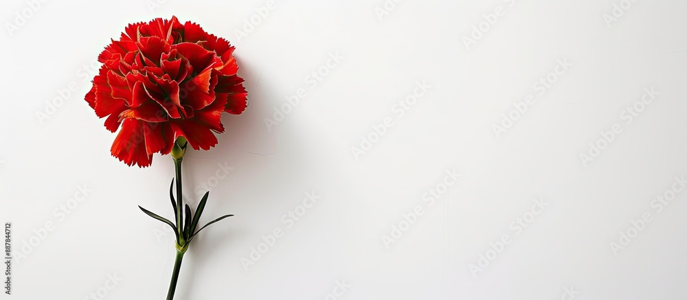 Poster a stunning red carnation flower with copy space image on a white backdrop