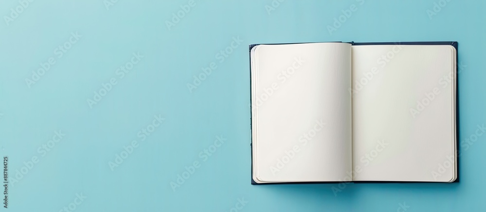 Poster Top view of an open notebook on a blue background with blank pages offering copy space image