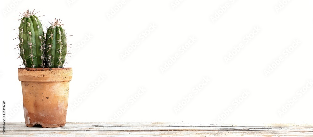 Fototapete A green cactus in a brown clay pot stands alone on a white background offering ample copy space for text input It rests on an office table creating a designer workspace