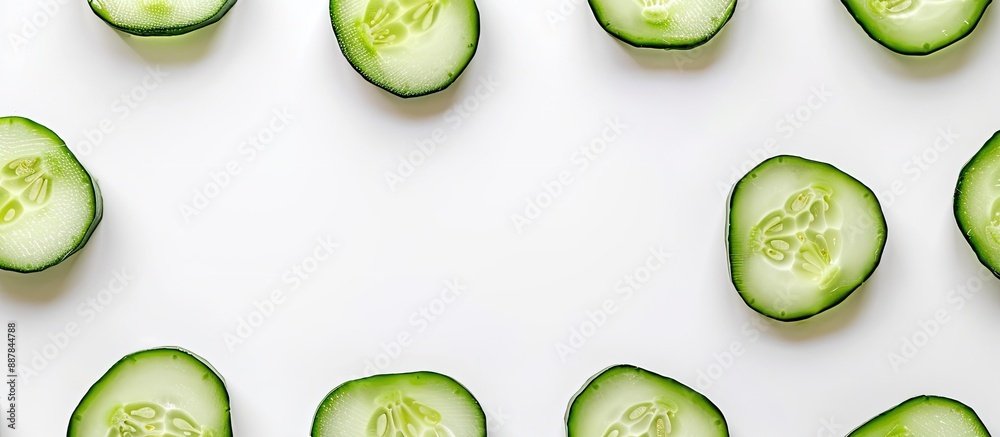 Poster horizontal top down view of cucumber on white background with ample copy space image