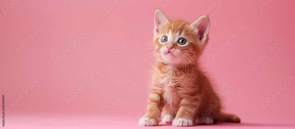 Poster A tiny kitten is alone on a pink backdrop offering a vast area for text in the picture. with copy space image. Place for adding text or design