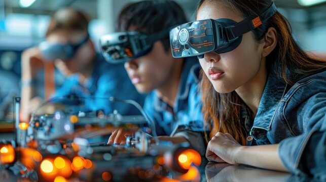 Students engaged in a robotics workshop wearing virtual reality headsets, exploring futuristic technology and engineering concepts.