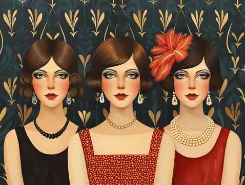Embrace the opulence of Art Deco fashion with this captivating illustration Flappers donning beaded dresses and feathered headbands exude chic style and the liberated spirit of the