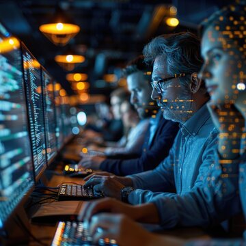 Team of focused software developers working on computer screens with code reflections, highlighting teamwork and technology in a dark office.
