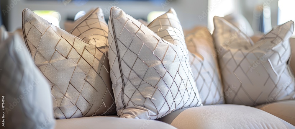 Poster close up image of a soft fabric pillow decoration on a beautiful sofa in a living room home design c