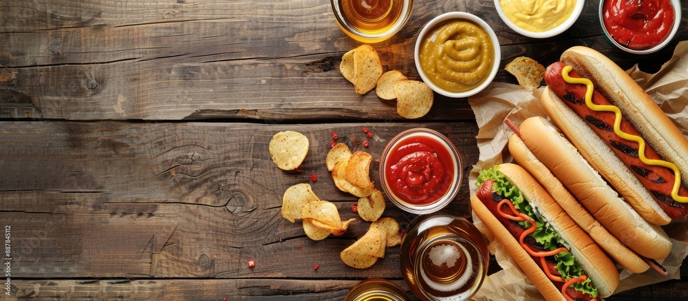 Aufkleber top view of appetizing homemade hotdogs served with various dipping sauces chips and beer glasses on