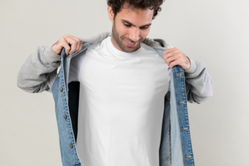 Man in a half denim hoodie jacket transparent png