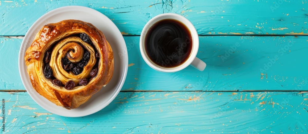 Poster top view of a fresh danish pastry with raisins accompanied by a cup of black coffee on a blue table 