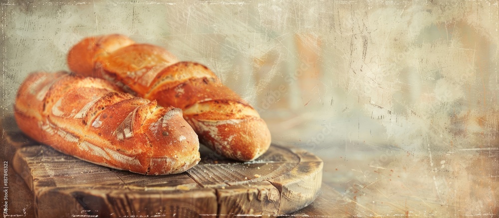 Poster Vintage style filtered image of bread with sausage on a wooden backdrop with copy space image