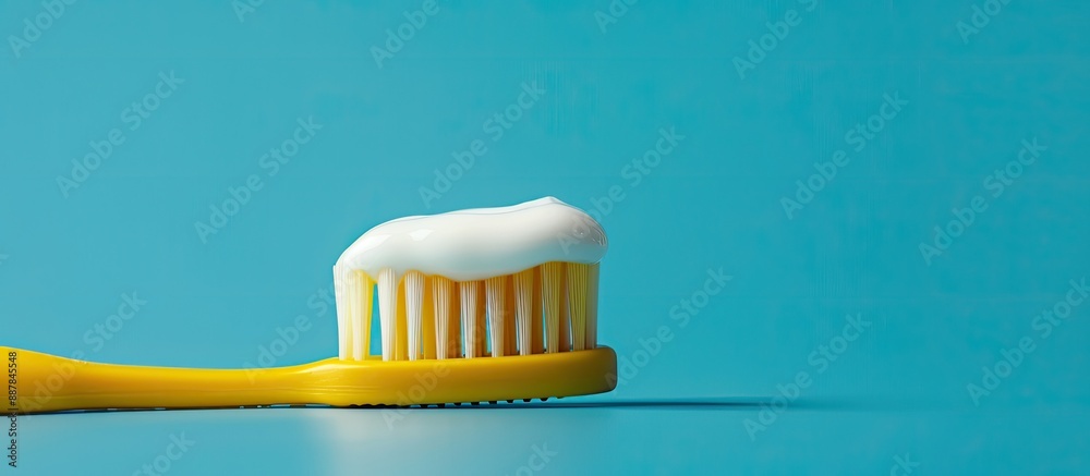 Poster a yellow toothbrush with toothpaste on it shown in a detailed close up on a blue background with cop
