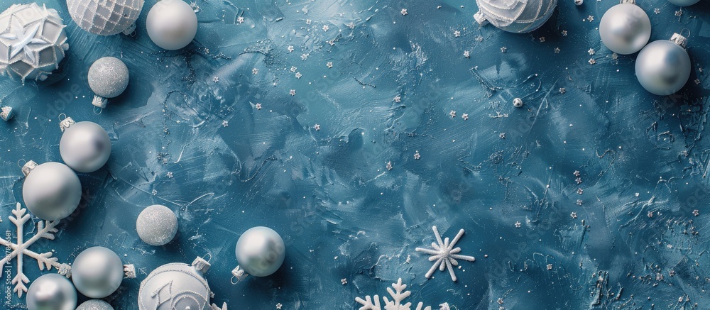 Poster Top view of a blue grey background adorned with white Christmas ornaments leaving empty space for additional elements in the image