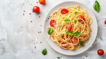 Grilled tomato spaghetti on white plate with simple background Top view for text