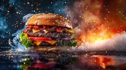 Burger on a burning background. Selective focus.