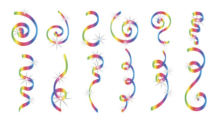 Silver serpentine.Colorful serpentine and confetti   Winter season borders, realistic serpentine with glowing lights.Transparent background in png file. Shiny ribbons set for holiday design.