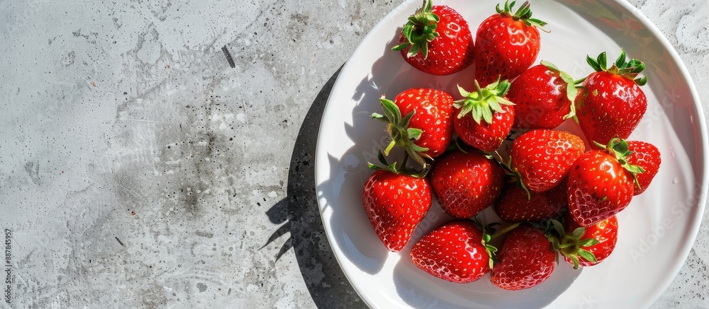 Leinwandbilder close up image of ripe fresh strawberries on a white plate with a long shadow featuring ample copy s