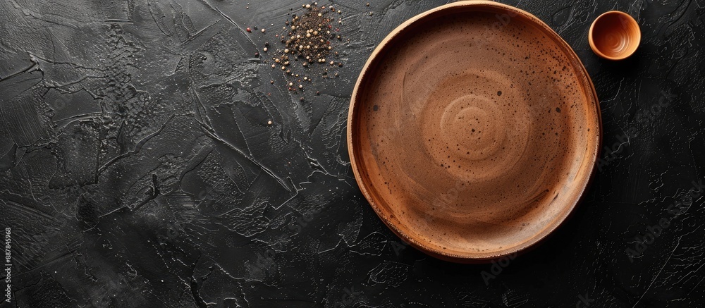 Fototapete a clay plate on a black backdrop seen from above with available space for additional elements in the