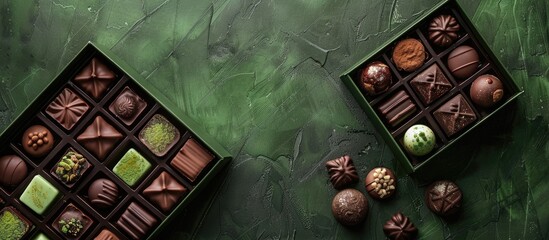 Luxurious handmade chocolates displayed in a box on a green background with space for text Exquisite selection of high end bonbons Simplistic food theme. with copy space image