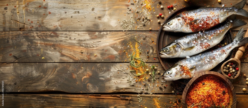 Poster fish placed on a wooden table with copy space image showing herring covered in spices at a fish salt