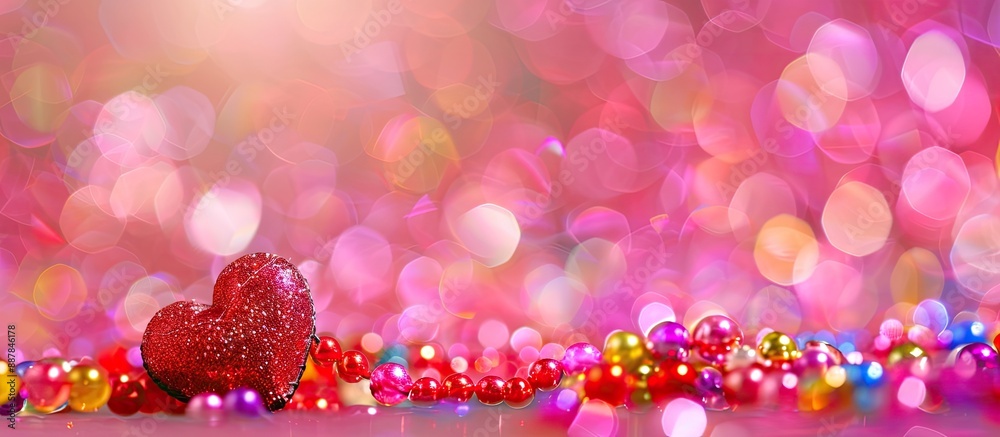 Aufkleber valentine s day greeting with colorful beads in a pinkish setting for copy space image