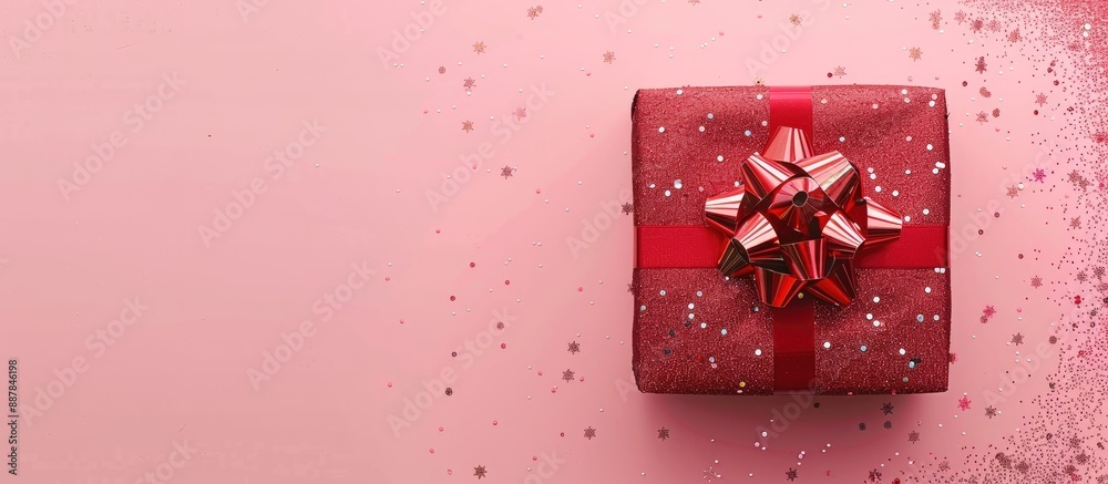 Poster View from above of a red gift box with sequins tinsel and a red bow on a pink background ideal for a holiday with copy space image