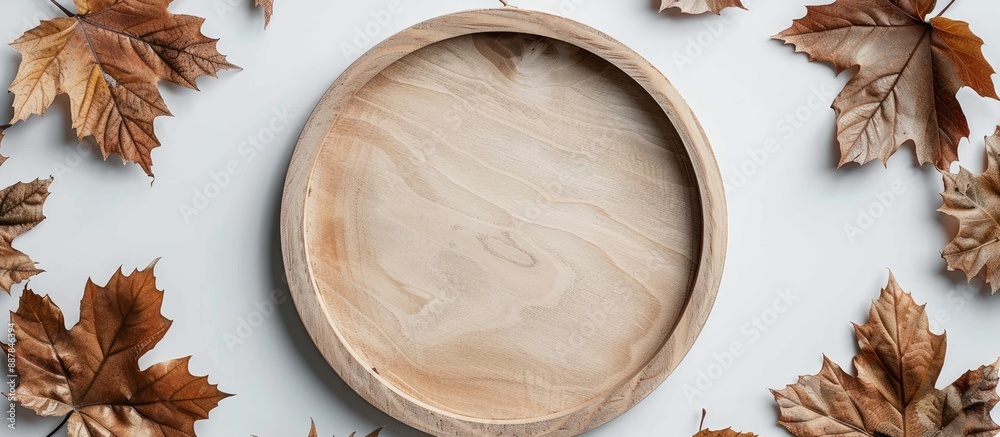 Leinwandbilder Circular wooden frame with maple leaves bordering an empty center Positioned on white backdrop for a top down view serving as a decorative autumn copy space image