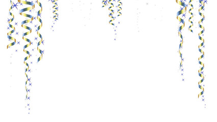 Hanging colorful streamers and falling confetti .Shiny ribbons set for holiday design.Colorful serpentine and confetti Winter season borders. The shining gold dust, confetti with reflections.Festive .