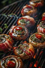 champignons are fried on the grill. Selective focus.