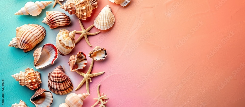 Aufkleber Seashells from the beach displayed on a vibrant background creating a mock up with plenty of space for adding text or images. with copy space image. Place for adding text or design