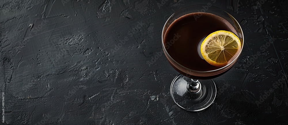 Poster Silver bullet cocktail featuring gin coffee chocolate liqueur and lemon on a black background with a horizontal view and copy space image