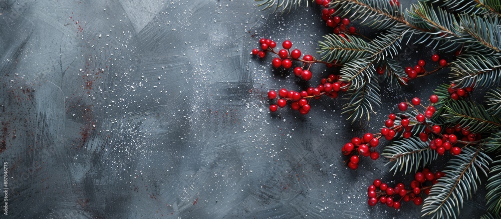 Poster composition capturing the essence of the christmas season with fir tree branches red berries against