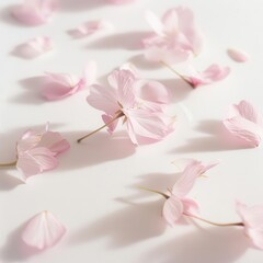 delicate pink flower petals scattered elegantly on pristine white background soft focus macro photography highlighting petal textures and gentle curves