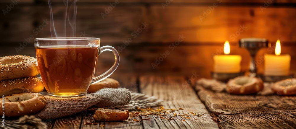 Aufkleber on a wooden desk there is a glass of tea bagels and a candlestick with lit candles creating a cozy a