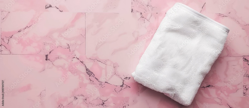 Poster Top view of a white towel on a stylish pink geometric backdrop with space for texts or images. with copy space image. Place for adding text or design