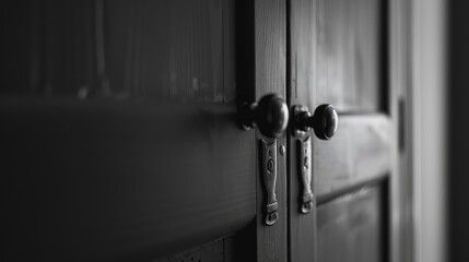 Close up monochrome image of cabinet door handles with space for text